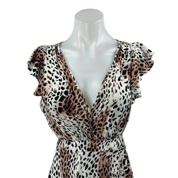 Kivari White Tan Leopard Print Short Sleeve Ruffle Fit & Flare Maxi Dress Size S - Picture 3 of 4